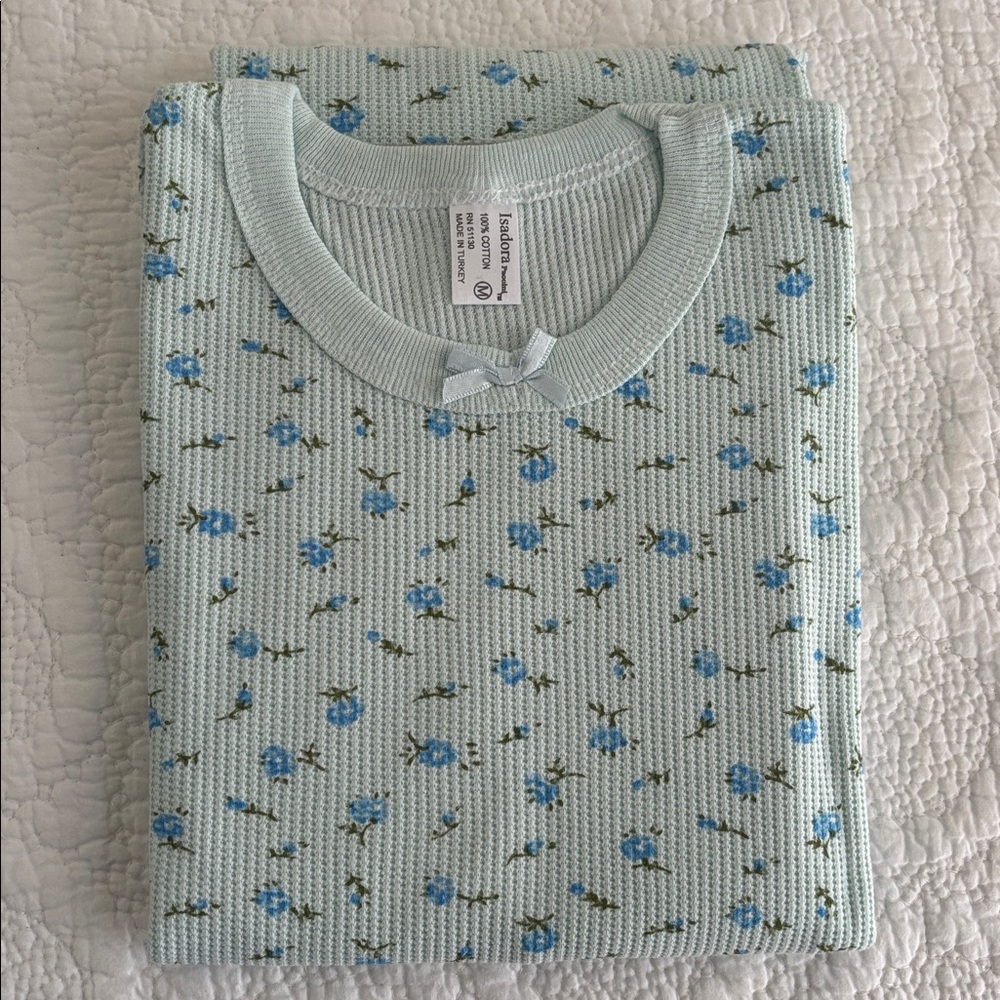Vintage deadstock Isadora Ladies Thermal Top - Blue Floral, M (but fits XS or S)